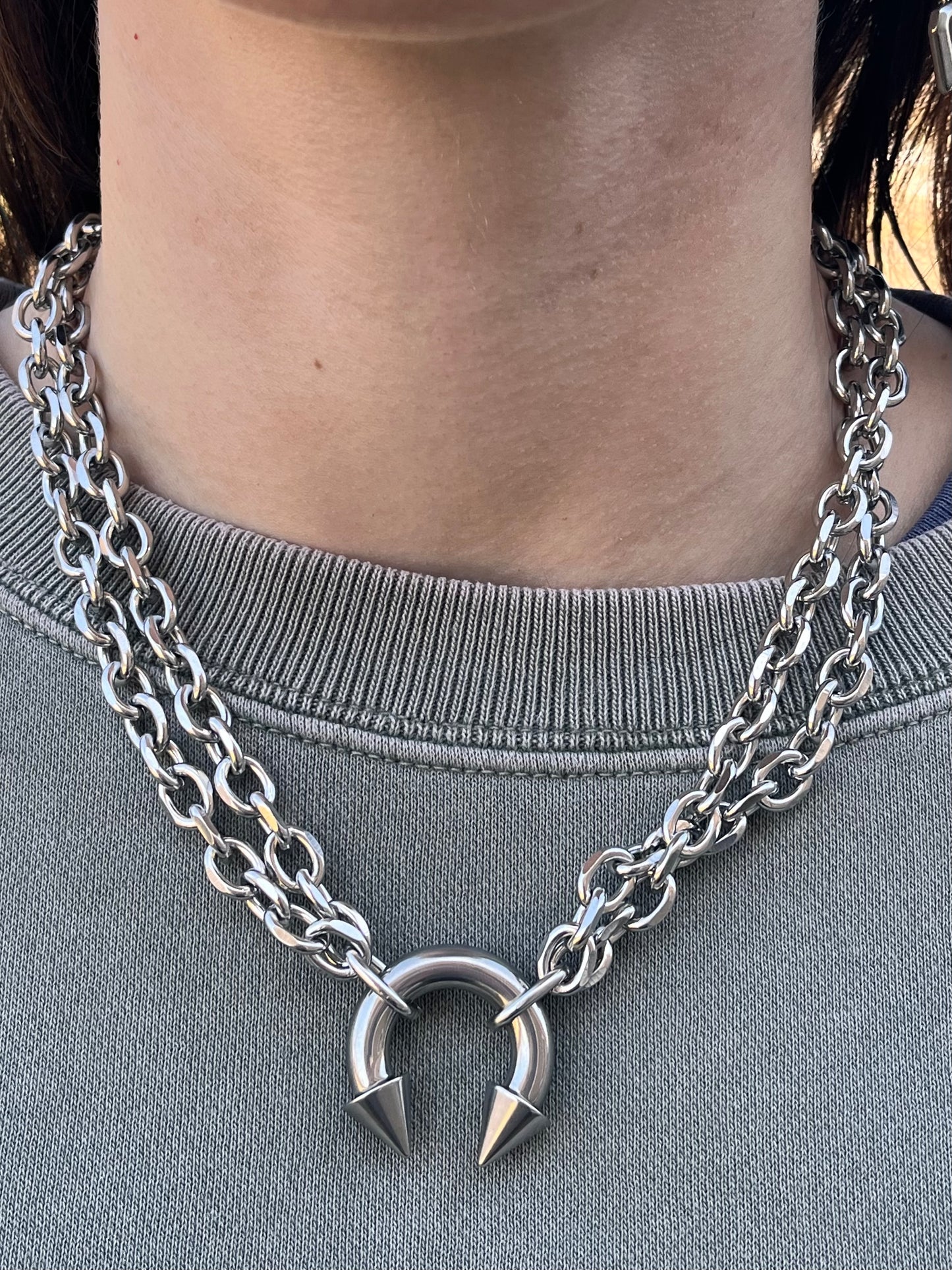 Spiked Horseshoe Barbell Chain Necklace - Stainless Steel
