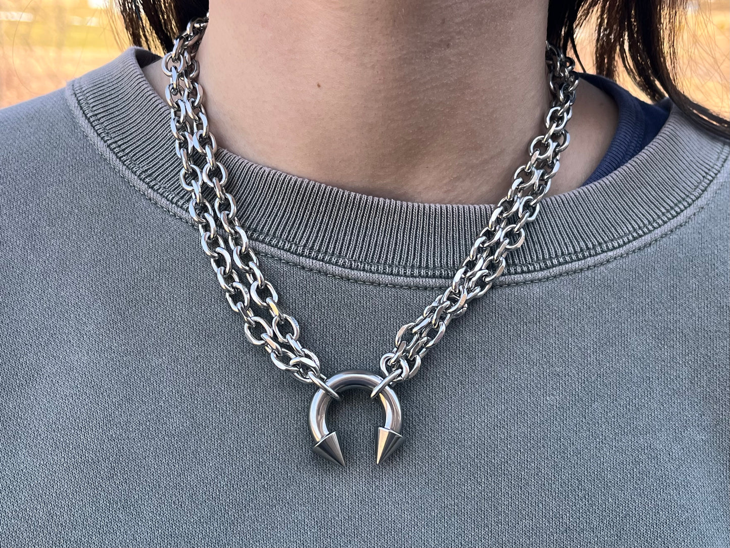 Spiked Horseshoe Barbell Chain Necklace - Stainless Steel