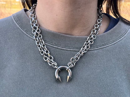 Spiked Horseshoe Barbell Chain Necklace - Stainless Steel