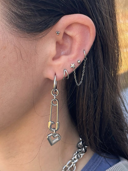 Safety Pin with Heart Dangling Hoop Earrings - Pair - Stainless Steel