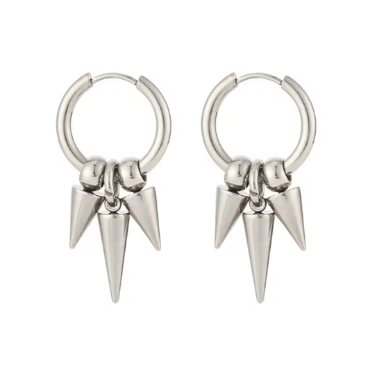 Triple Spike Dangling Hoop Earrings - Pair - Stainless Steel