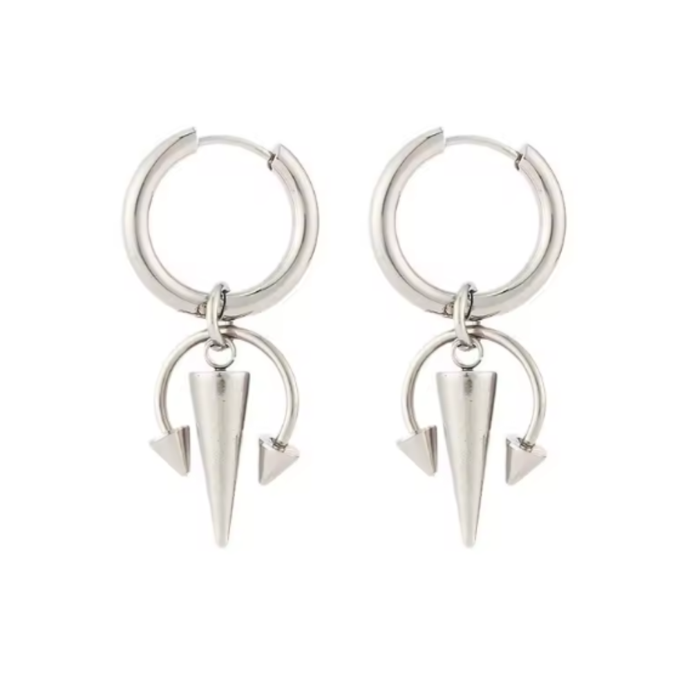 Horseshoe Spike Dangling Hoop Earrings - Pair - Stainless Steel