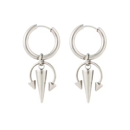 Horseshoe Spike Dangling Hoop Earrings - Pair - Stainless Steel