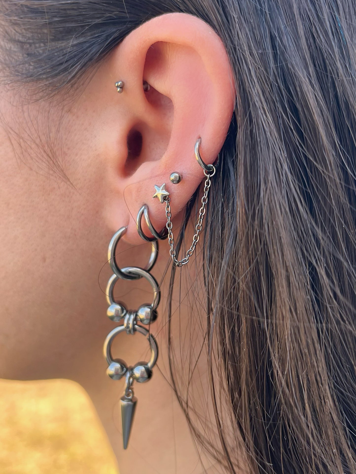 Double Ball Hoop with Spike Dangling Hoop Earrings - Pair - Stainless Steel
