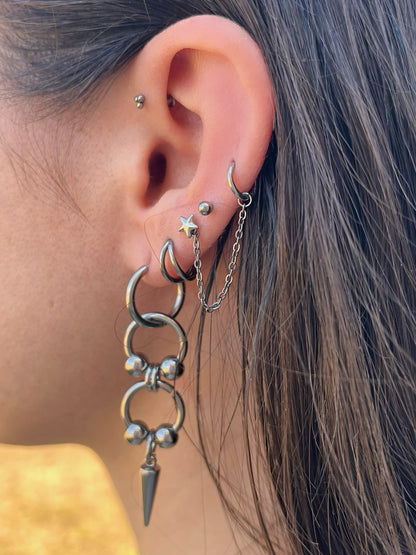 Double Ball Hoop with Spike Dangling Hoop Earrings - Pair - Stainless Steel