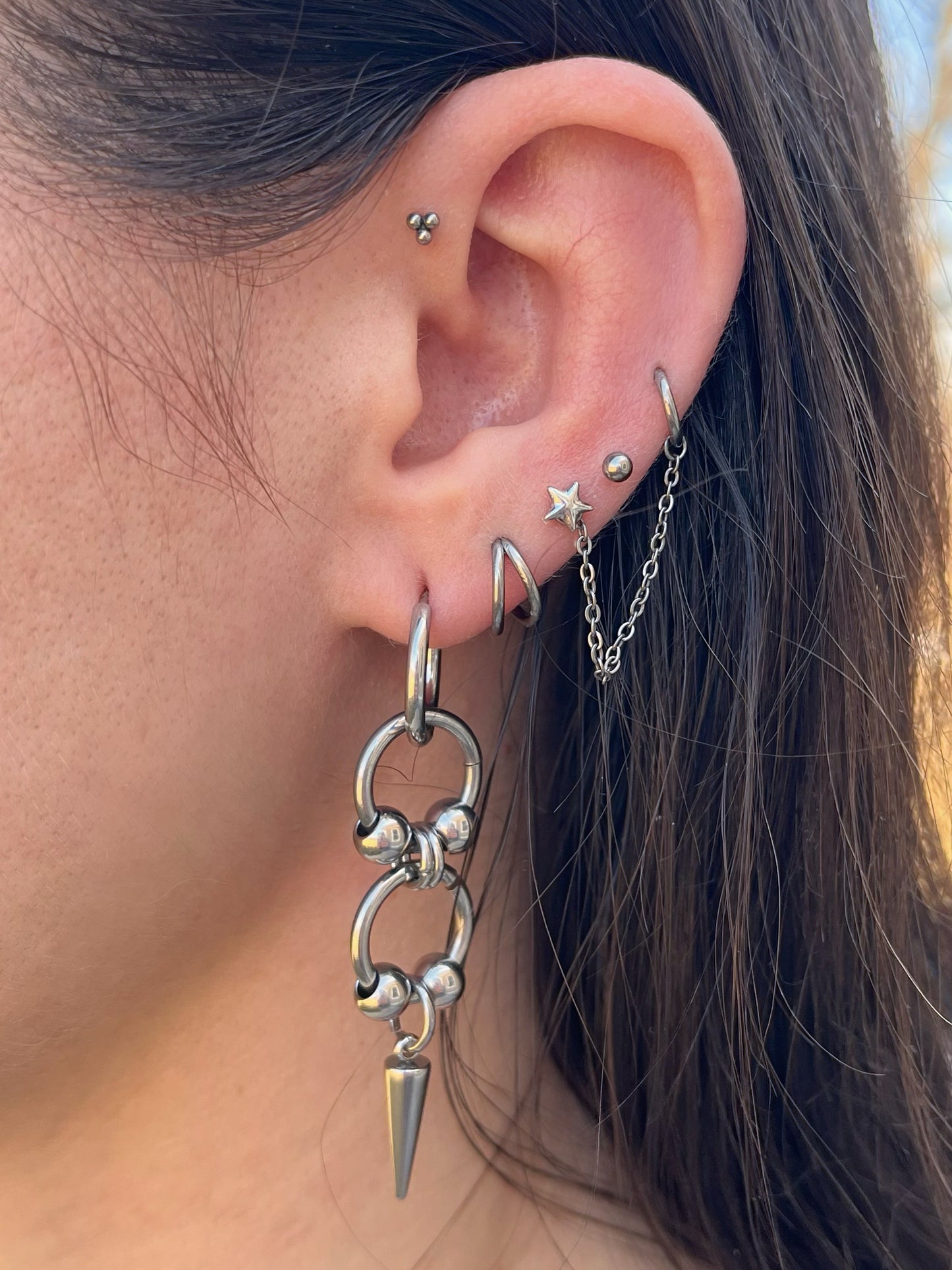 Double Ball Hoop with Spike Dangling Hoop Earrings - Pair - Stainless Steel