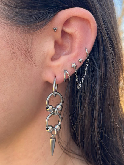 Double Ball Hoop with Spike Dangling Hoop Earrings - Pair - Stainless Steel