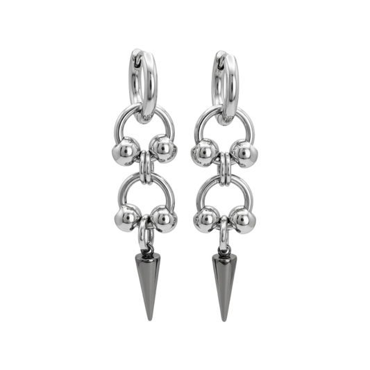 Double Ball Hoop with Spike Dangling Hoop Earrings - Pair - Stainless Steel