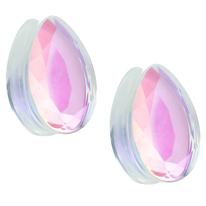 Teardrop Shaped Iridescent Glass Faceted Double Flared Plugs - Pair