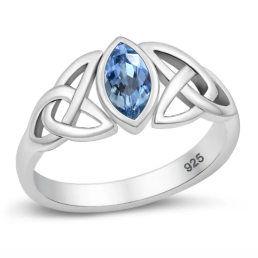 Marquise Shaped Aquamarine CZ Crystal Celtic Knot Ring - 925 Sterling Silver