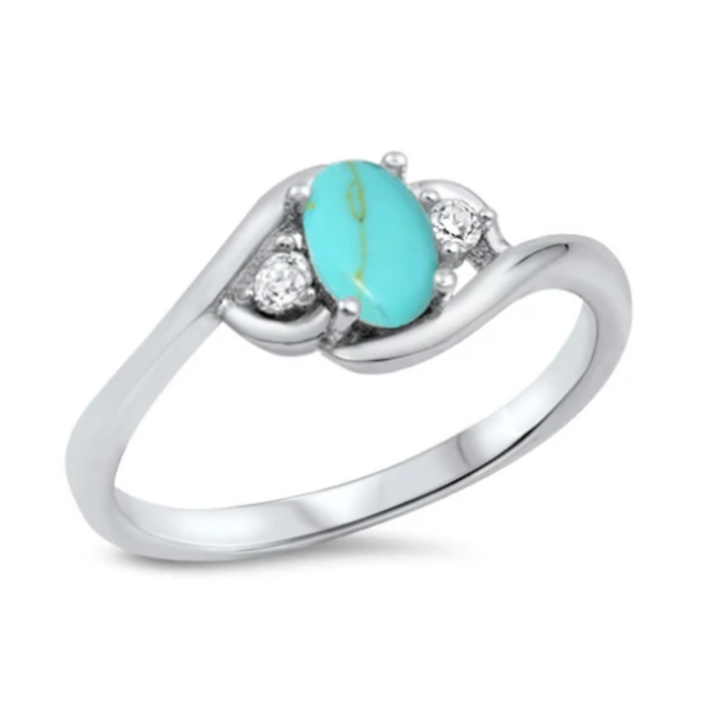 Oval Simulated Turquoise and CZ Crystal Ring - 925 Sterling Silver