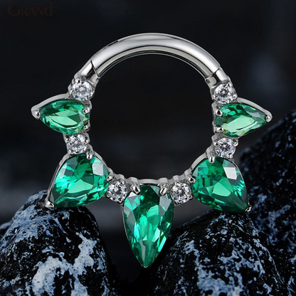 Green Pear Shaped CZ Crystal Lined Hinged Segment Clicker Ring - ASTM F-136 Implant Grade Titanium