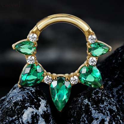 Green Pear Shaped CZ Crystal Lined Hinged Segment Clicker Ring - ASTM F-136 Implant Grade Titanium