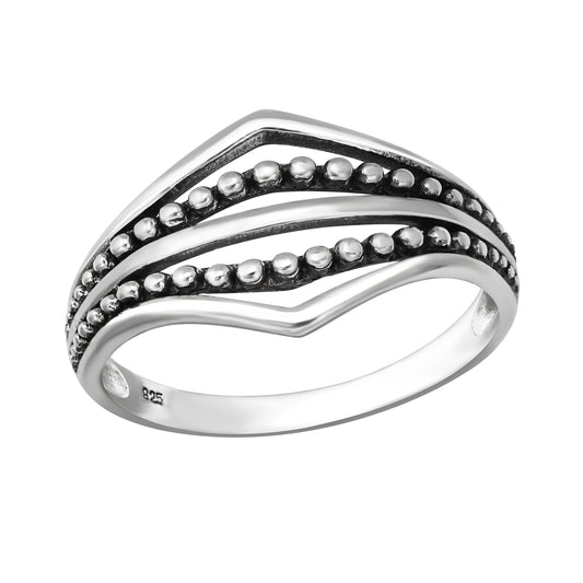 Bead Lined Chevron Ring - Oxidized 925 Sterling Silver