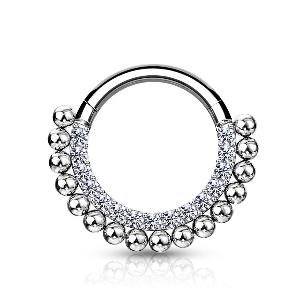 CZ Crystal and Ball Lined Hoop Hinged Segment Clicker Ring - 316L Stainless Steel
