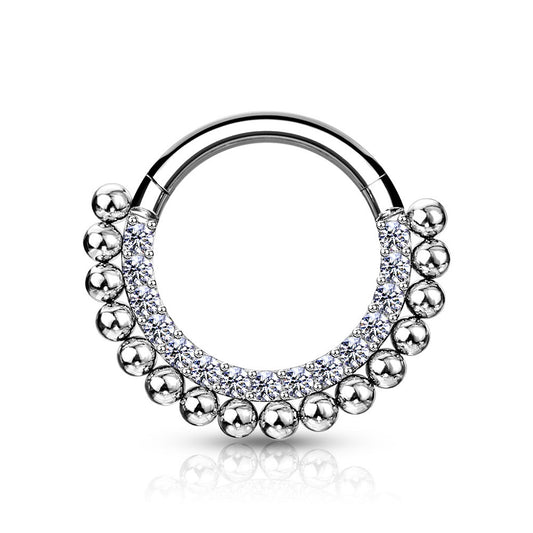 CZ Crystal and Ball Lined Hoop Hinged Segment Clicker Ring - 316L Stainless Steel