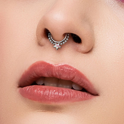 Star Shaped CZ Crystal and Ball Lined Hoop Hinged Segment Ring
 - Precision All 316L Surgical Steel