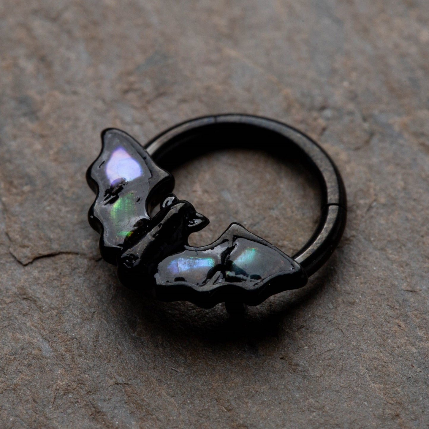 Bat with Abalone Shell Wings Hinged Segment Ring - 316L Stainless Steel