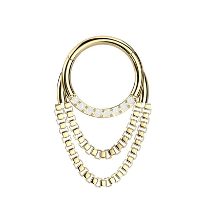 Synthetic Opal Paved Front Facing Hoop with Double Dangling Chains Hinged Segment Ring - 316L Stainless Steel