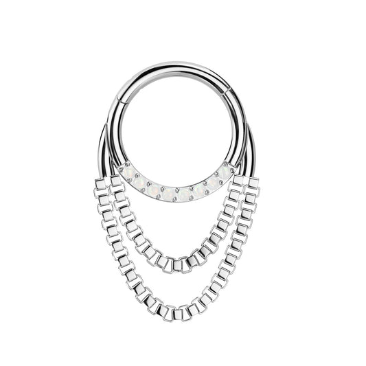 Synthetic Opal Paved Front Facing Hoop with Double Dangling Chains Hinged Segment Ring - 316L Stainless Steel