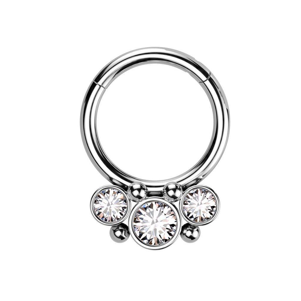 Triple CZ Crystal and Ball Cluster Hinged Segment Clicker Ring - 316L Stainless Steel