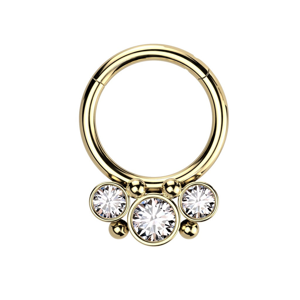 Triple CZ Crystal and Ball Cluster Hinged Segment Clicker Ring - 316L Stainless Steel