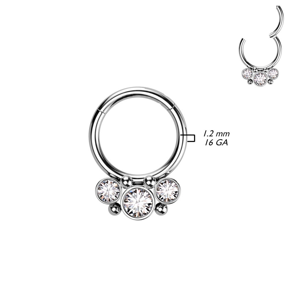 Triple CZ Crystal and Ball Cluster Hinged Segment Clicker Ring - 316L Stainless Steel