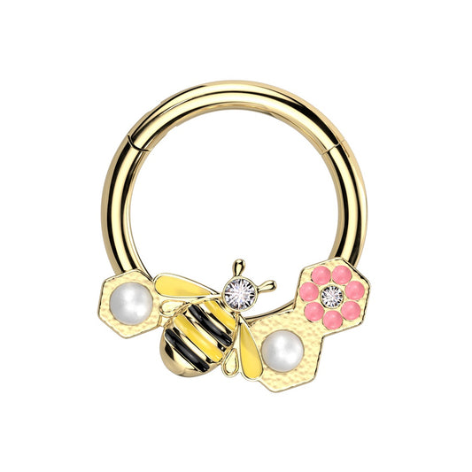 Bee and Pink Flower with CZ Crystal and Synthetic Pearls Hinged Segment Clicker Ring - 316L Stainless Steel