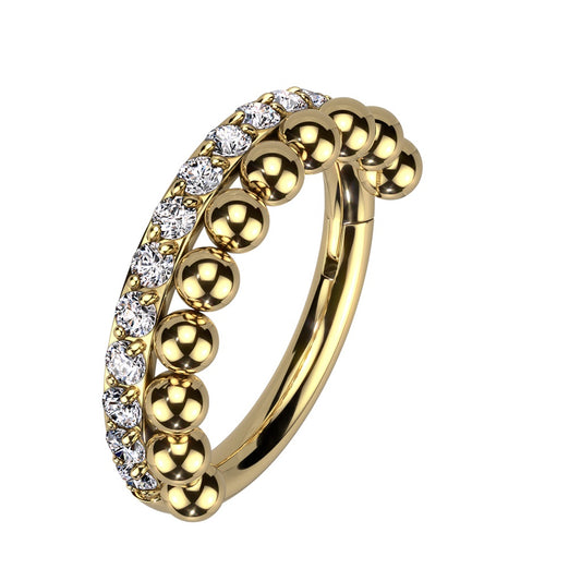 CZ Crystal and Beaded Ball Lined Hinged Segment Ring - 316L Stainless Steel