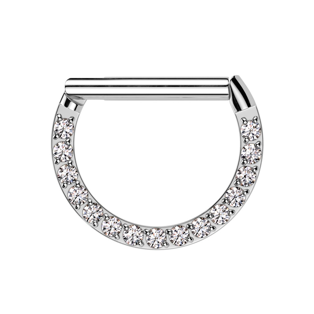 CZ Crystal Lined Front Facing Septum Clicker Ring - 316L Stainless Steel