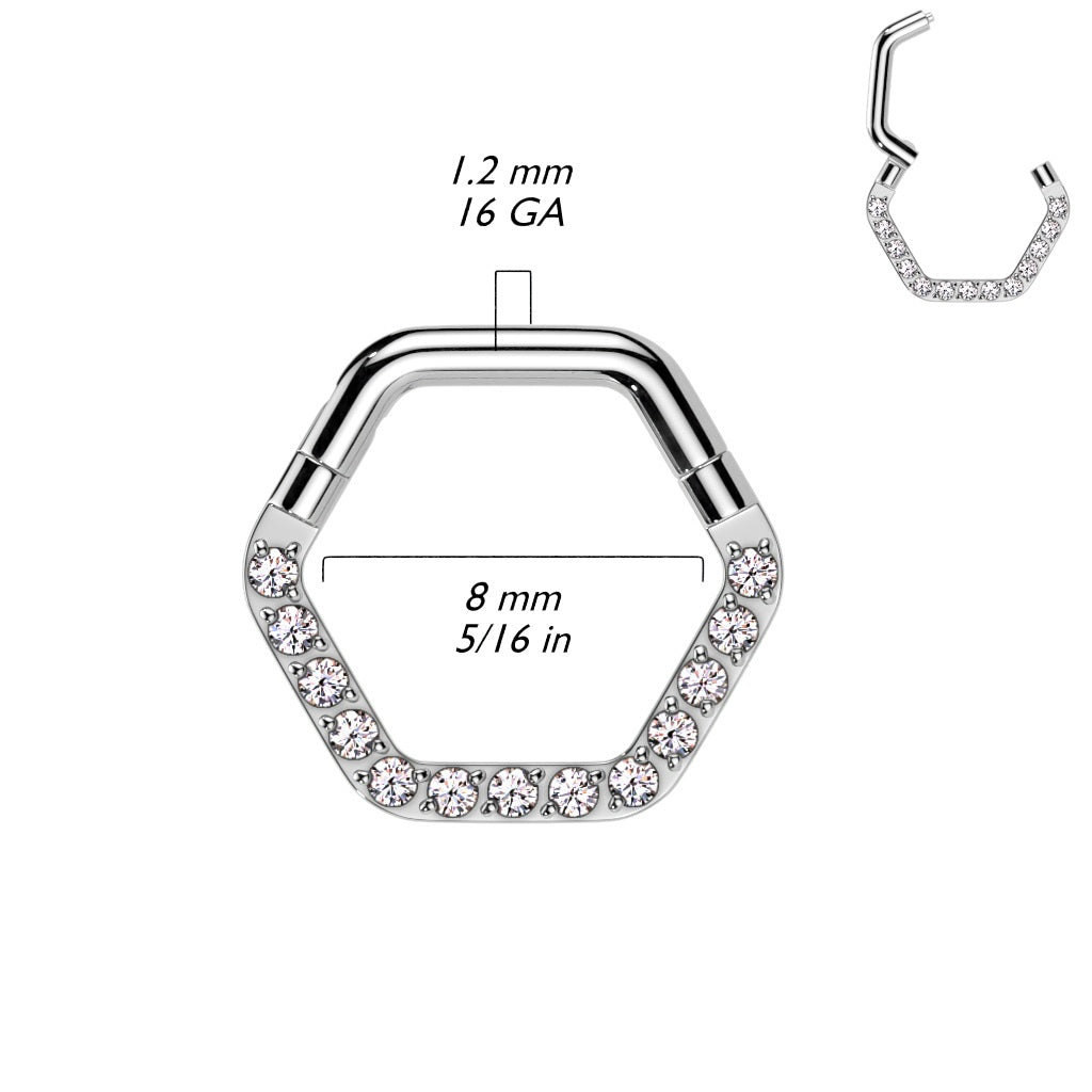 CZ Crystal Lined Hexagon Shaped Hinged Segment Clicker Ring - 316L Stainless Steel