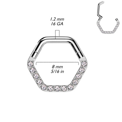 CZ Crystal Lined Hexagon Shaped Hinged Segment Clicker Ring - 316L Stainless Steel