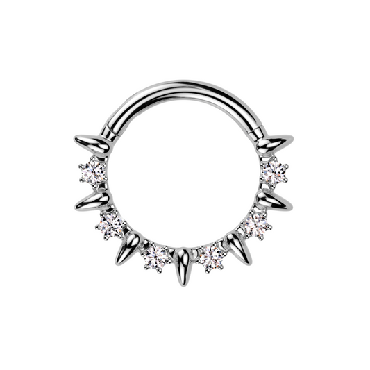 CZ Crystal and Tiny Spike Lined Hinged Segment Clicker Ring - 316L Stainless Steel