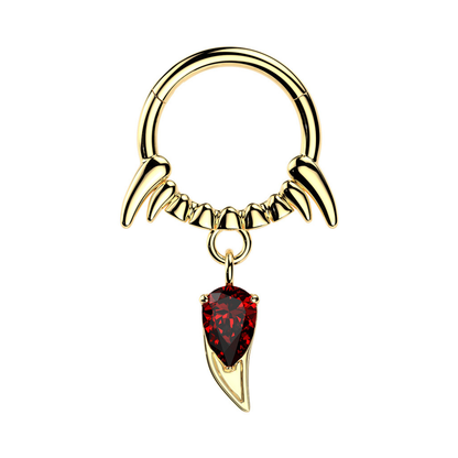 Vampire Fangs with Red CZ Crystal Dangling Fang Hinged Segment Clicker Ring - 316L Stainless Steel