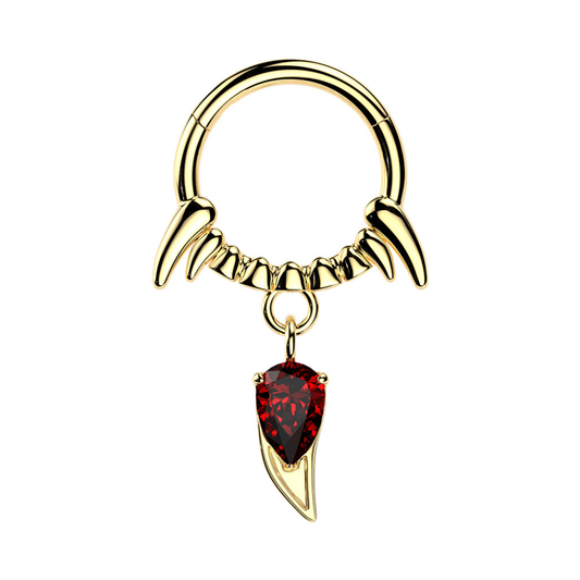 Vampire Fangs with Red CZ Crystal Dangling Fang Hinged Segment Clicker Ring - 316L Stainless Steel
