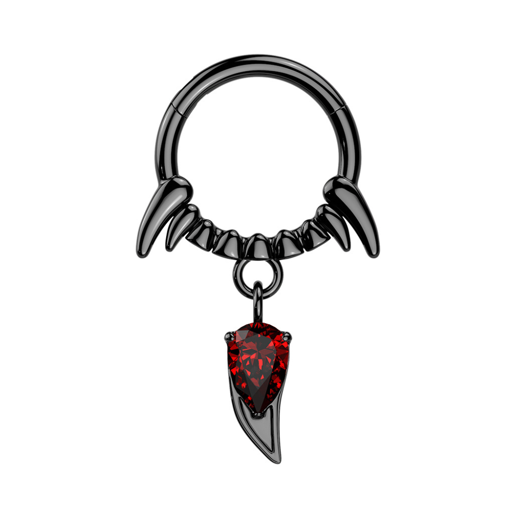 Vampire Fangs with Red CZ Crystal Dangling Fang Hinged Segment Clicker Ring - 316L Stainless Steel