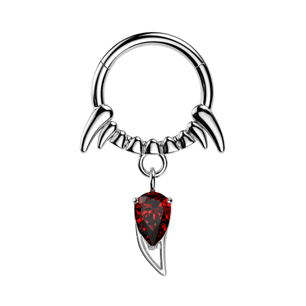 Vampire Fangs with Red CZ Crystal Dangling Fang Hinged Segment Clicker Ring - 316L Stainless Steel