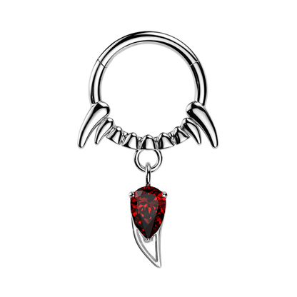 Vampire Fangs with Red CZ Crystal Dangling Fang Hinged Segment Clicker Ring - 316L Stainless Steel