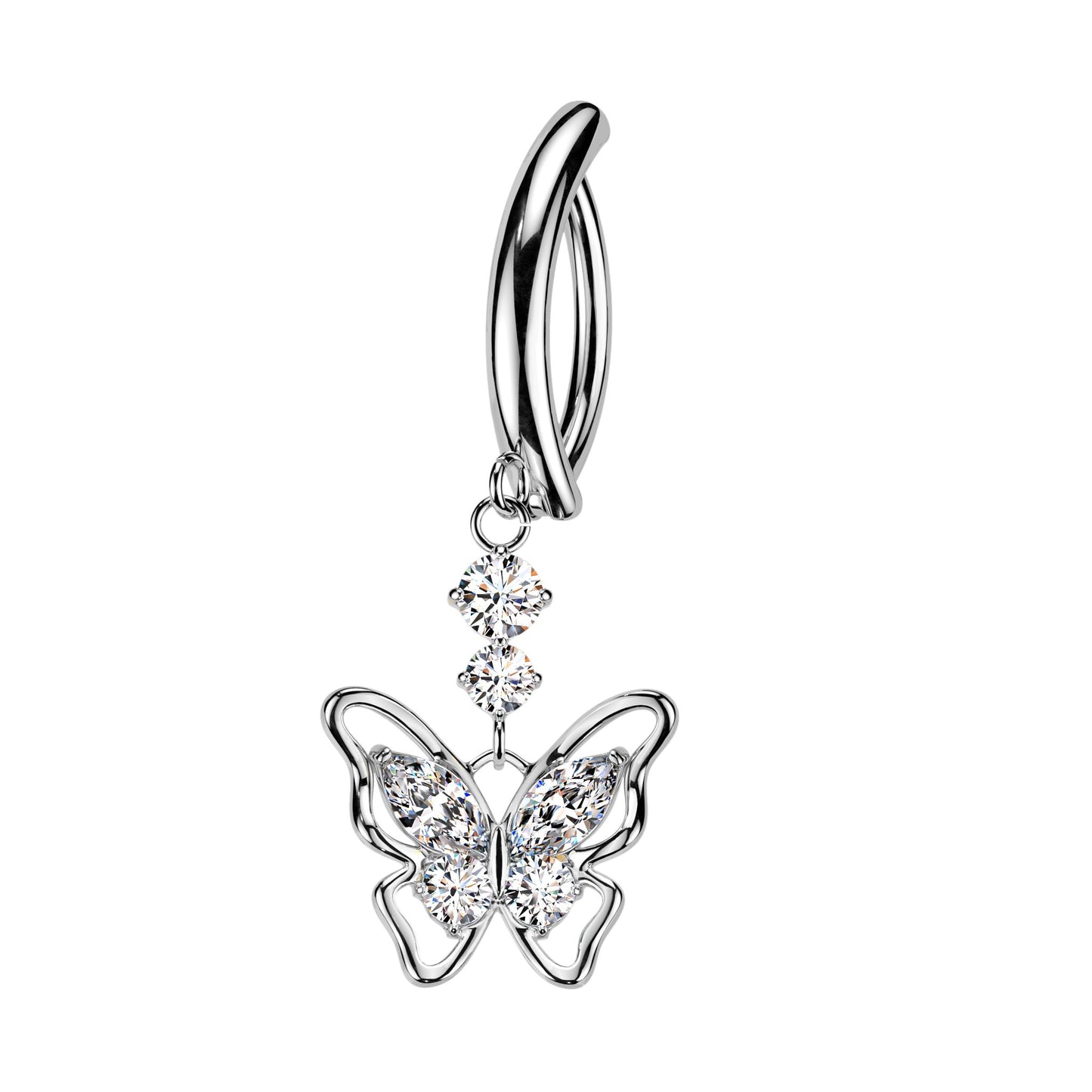 CZ Butterfly Hinged Curved Bar Belly Button Ring - 316L Stainless Steel
