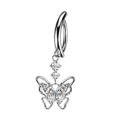 CZ Butterfly Hinged Curved Bar Belly Button Ring - 316L Stainless Steel