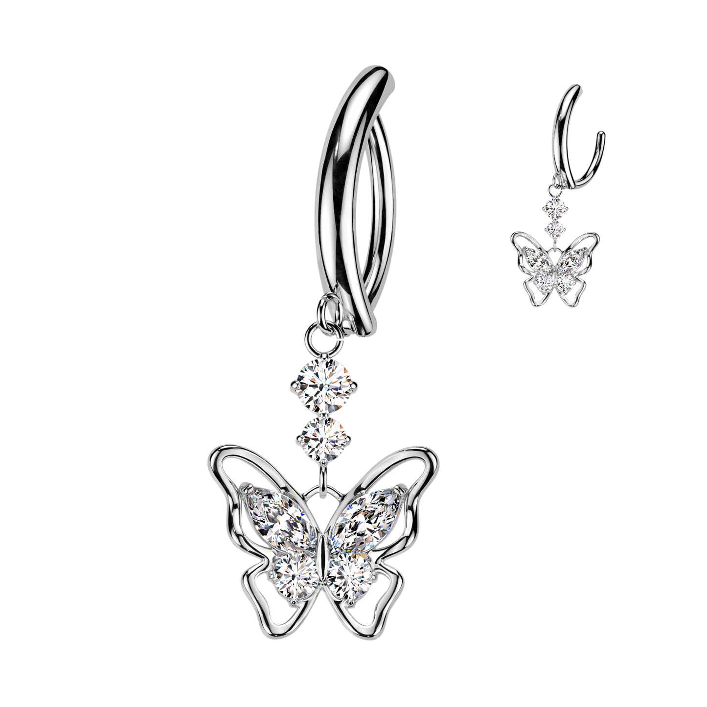 CZ Butterfly Hinged Curved Bar Belly Button Ring - 316L Stainless Steel
