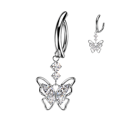 CZ Butterfly Hinged Curved Bar Belly Button Ring - 316L Stainless Steel