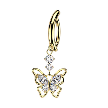 CZ Butterfly Hinged Curved Bar Belly Button Ring - 316L Stainless Steel