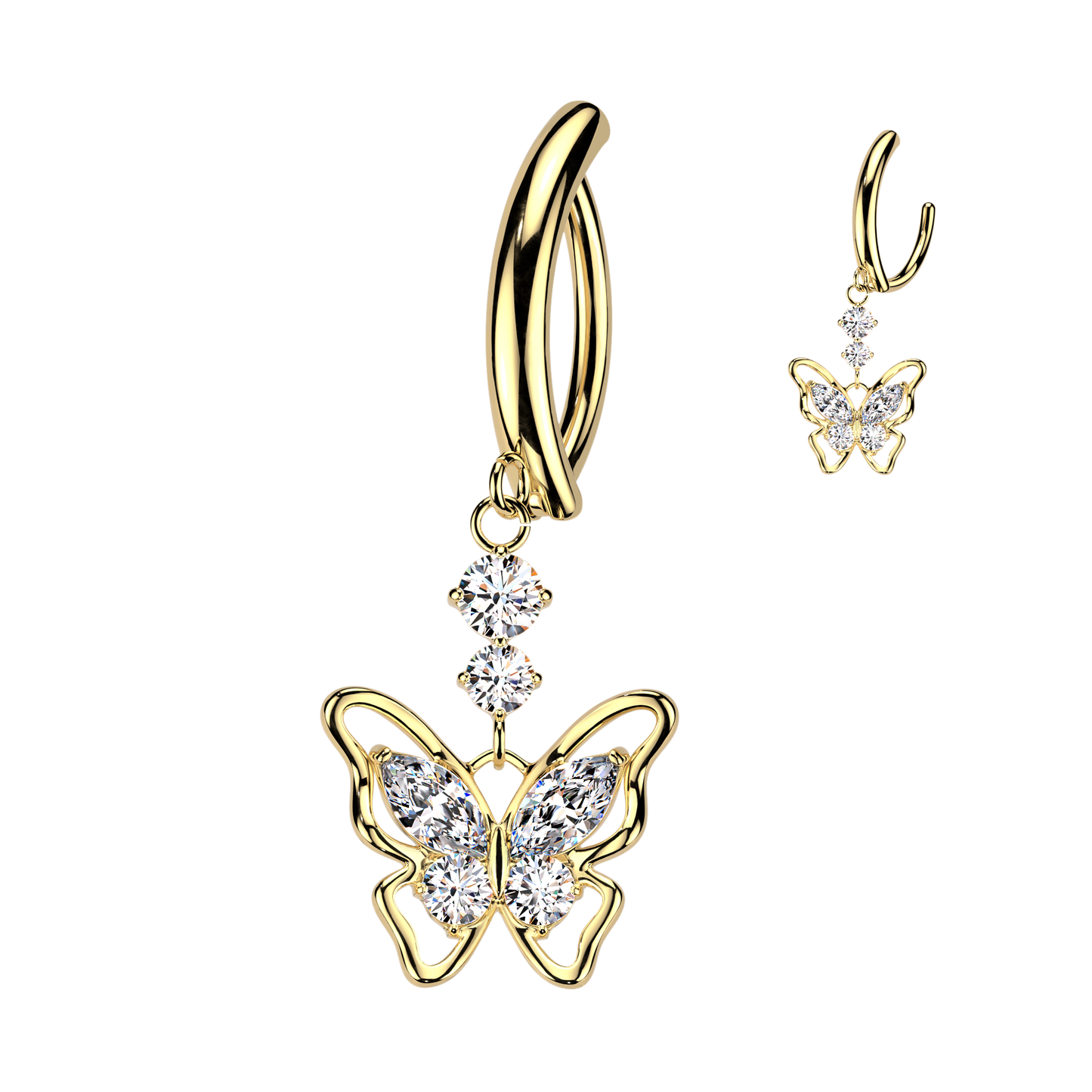 CZ Butterfly Hinged Curved Bar Belly Button Ring - 316L Stainless Steel