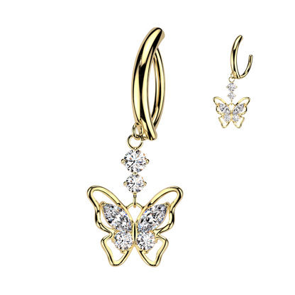 CZ Butterfly Hinged Curved Bar Belly Button Ring - 316L Stainless Steel