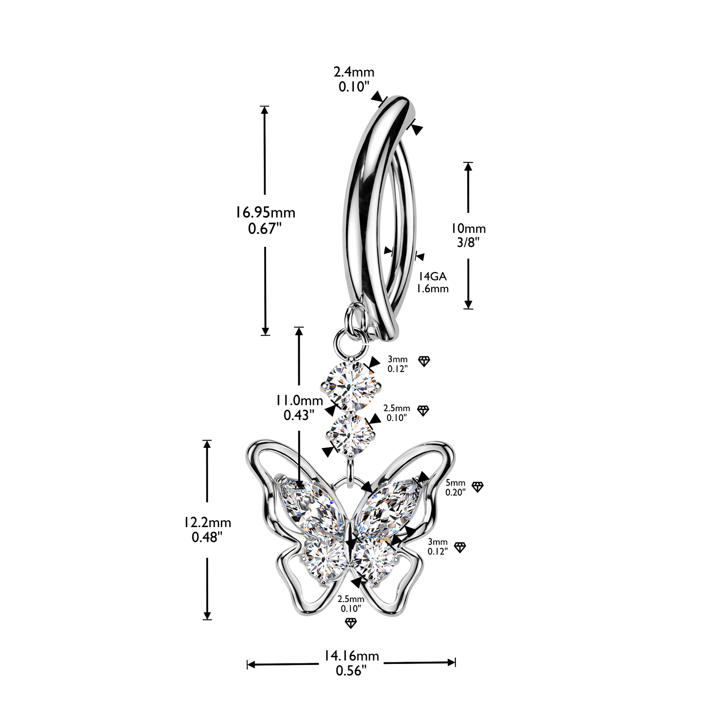 CZ Butterfly Hinged Curved Bar Belly Button Ring - 316L Stainless Steel