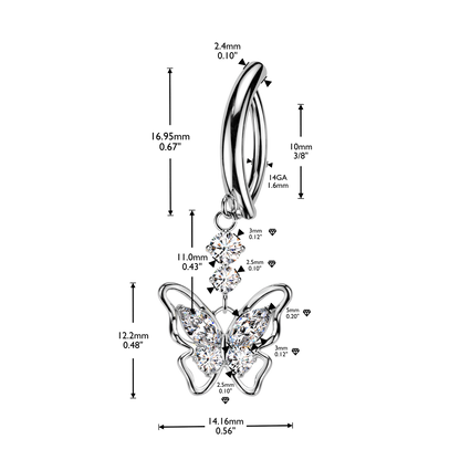 CZ Butterfly Hinged Curved Bar Belly Button Ring - 316L Stainless Steel