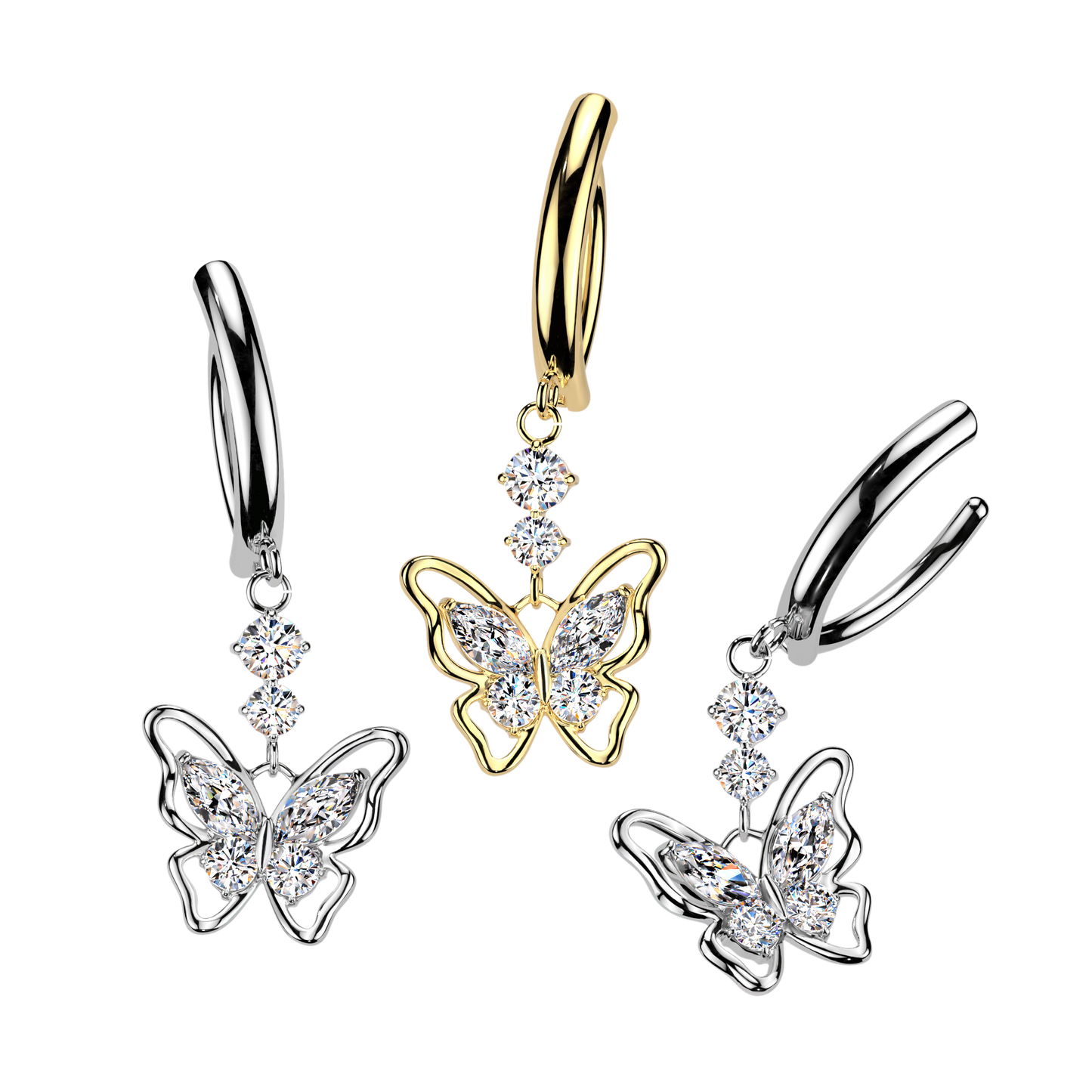 CZ Butterfly Hinged Curved Bar Belly Button Ring - 316L Stainless Steel
