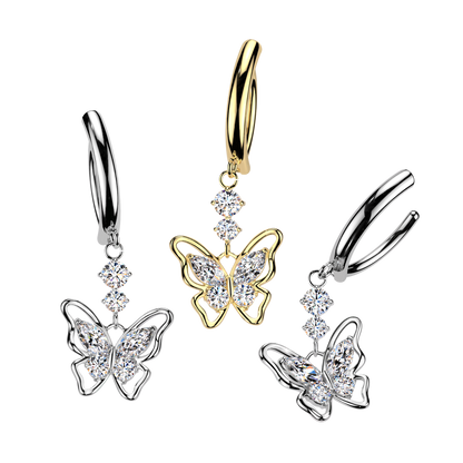 CZ Butterfly Hinged Curved Bar Belly Button Ring - 316L Stainless Steel