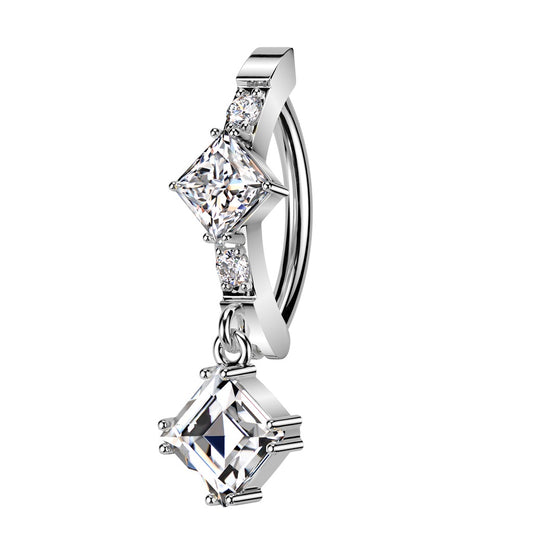 Diamond Shaped CZ Crystal Hinged Curved Bar Belly Button Ring - 316L Stainless Steel